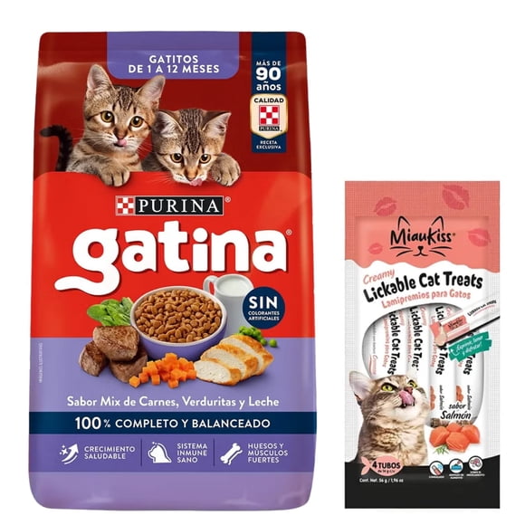 Gatina Gatitos 7.5 Kg + Miaukiss Lickable Salmon 4 Pack 56Gr