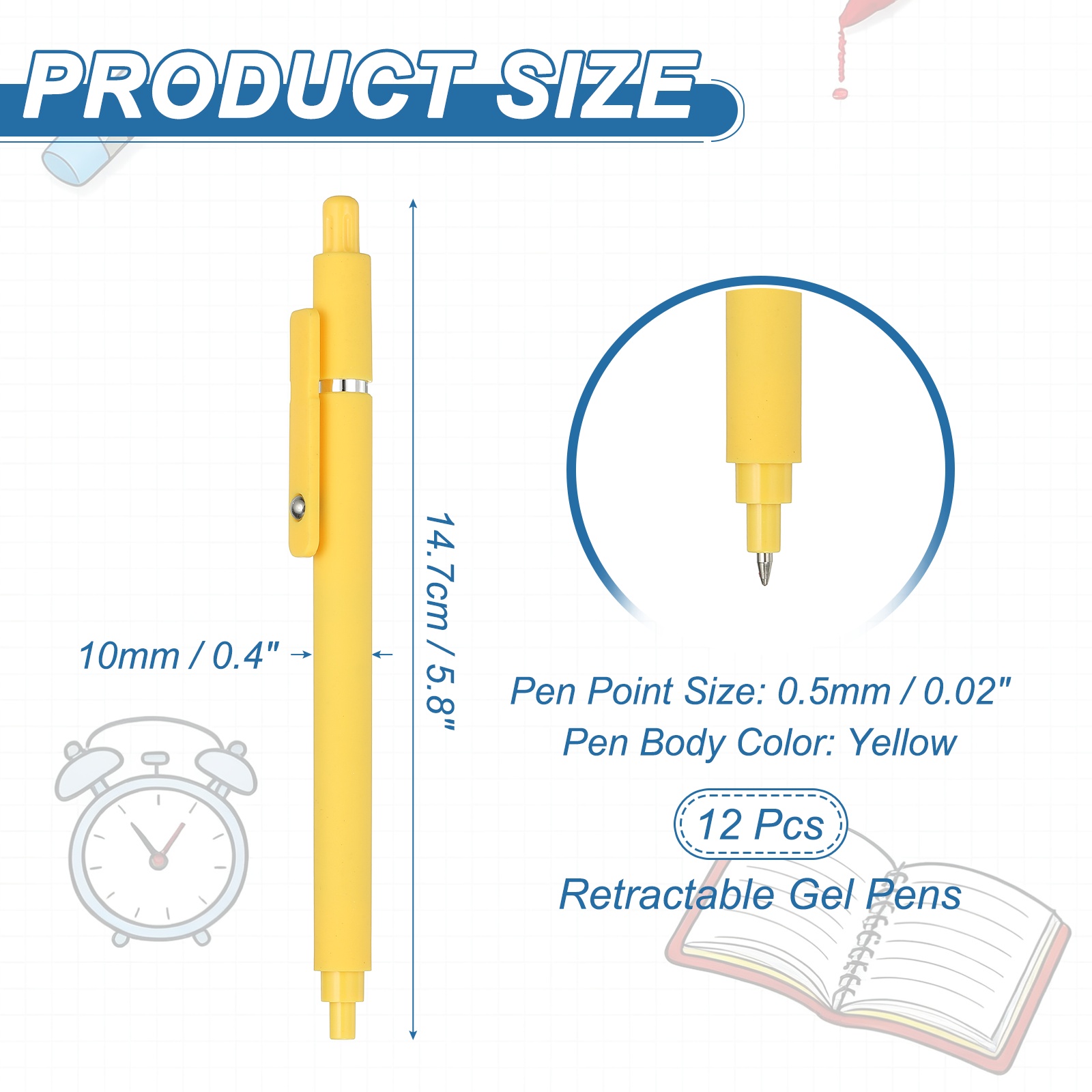 Uxcell 12 Pcs Retractable Gel Pens, 0.5mm Black Ink Fine Point Smooth Writing Cute Aesthetic Pen Quick Dry for Office Home Journaling Note Taking Supplies, Yellow