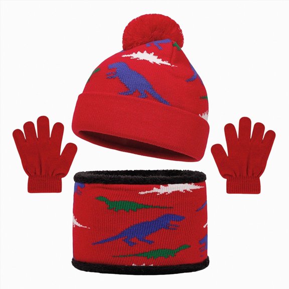 CAICJ98 3 Pcs Kids Winter Hat Scarf Gloves Set Boys Girls Thick Warm Beanie Hat Knitted Neck Warmer Fleece Lined Gloves 2-8 Years,Red