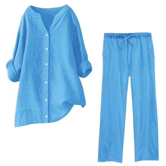 Womens 2 Piece Outfits Casual Lounge Set Button Down Long Sleeve Shirt and Wide Leg Pants Solid Streetwear Suits