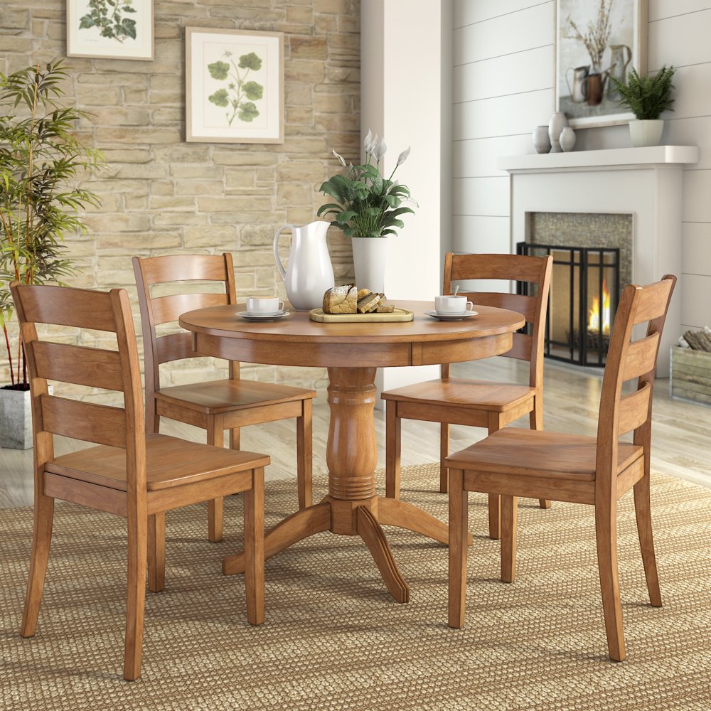 Lexington 5Piece Wood Dining Round Table and 4 Ladder Back Chairs, Oak