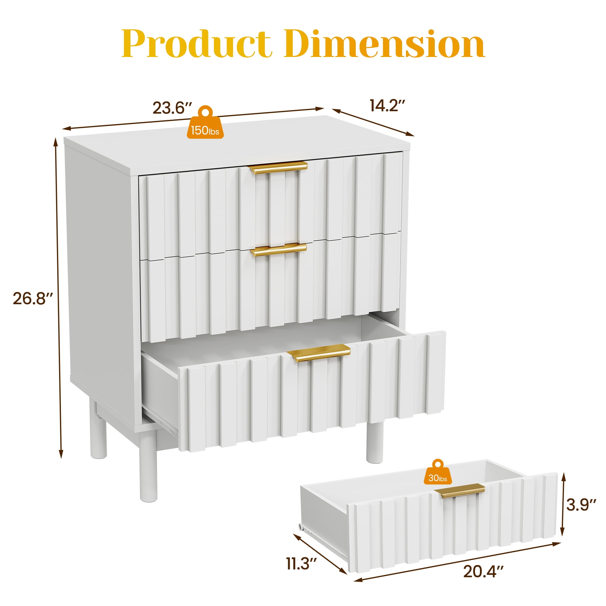 3 Drawer Dresser with Fluted Panel Design, Modern Wood Chest of Drawers with Chic Edge Pull, Large Nightstand Side Table, Wood Storage Organizer for Bedroom, Living Room, Entryway