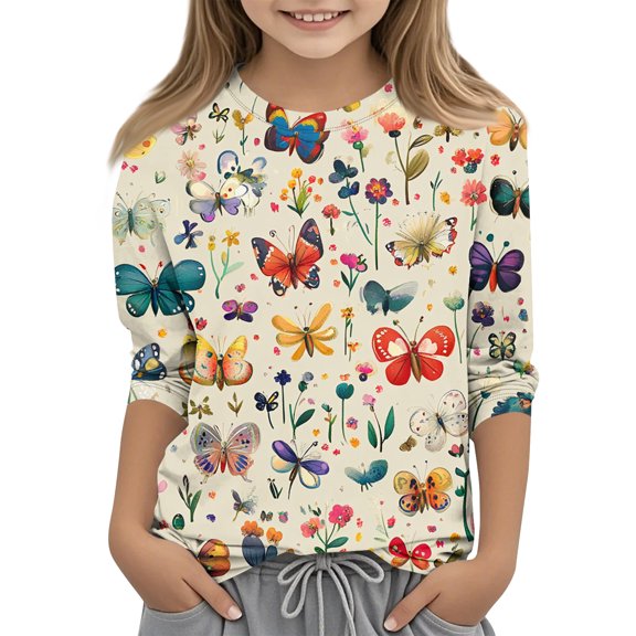Abcomgle Girls 3/4 Sleeve Shirts 7-8 Trendy Butterfly Floral Print Crewneck T-Shirts for Kids Girls Summer Basic Girls Tops Trendy Girls Tunic Tops,White,3-4Years