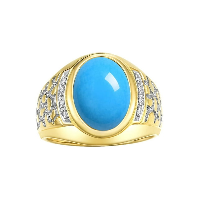 RYLOS Men's Rings 14K Yellow Gold Nugget Ring with Cabochon Gemstone & Diamonds Turquoise Rings For Men Size 11