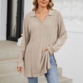 thumbnail image 2 of XFLWAM Long Sleeve Shirts for Women Lightweight V Neck Tunic Tops Ribbed Knit Loose Fit Fall Sweatshirt Casual Side Slit Pullover Shirts Khaki XXL, 2 of 8