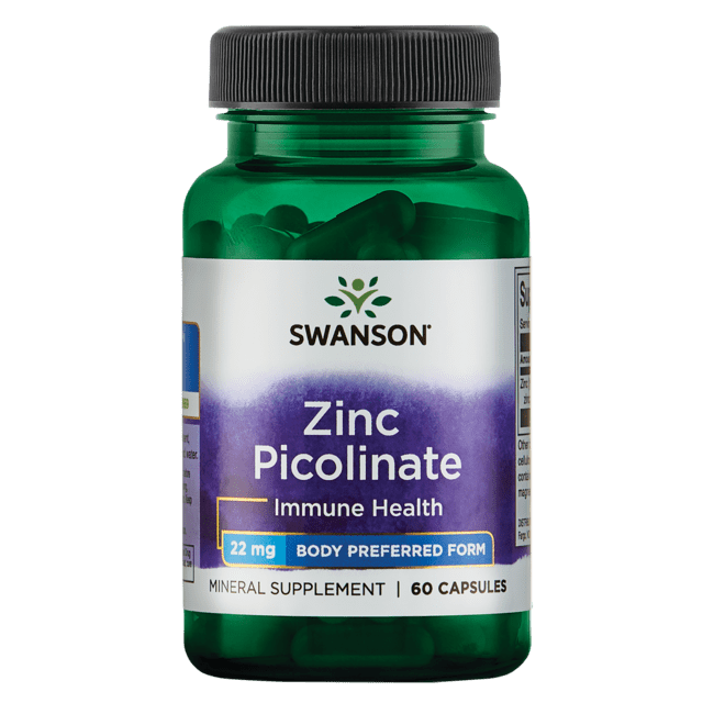Swanson Zinc Picolinate - Mineral Supplement Promoting Prostate Health, Vision Health, & Immune Support - Body Preferred Form of Chelated Zinc - (60 Capsules, 22mg Each)