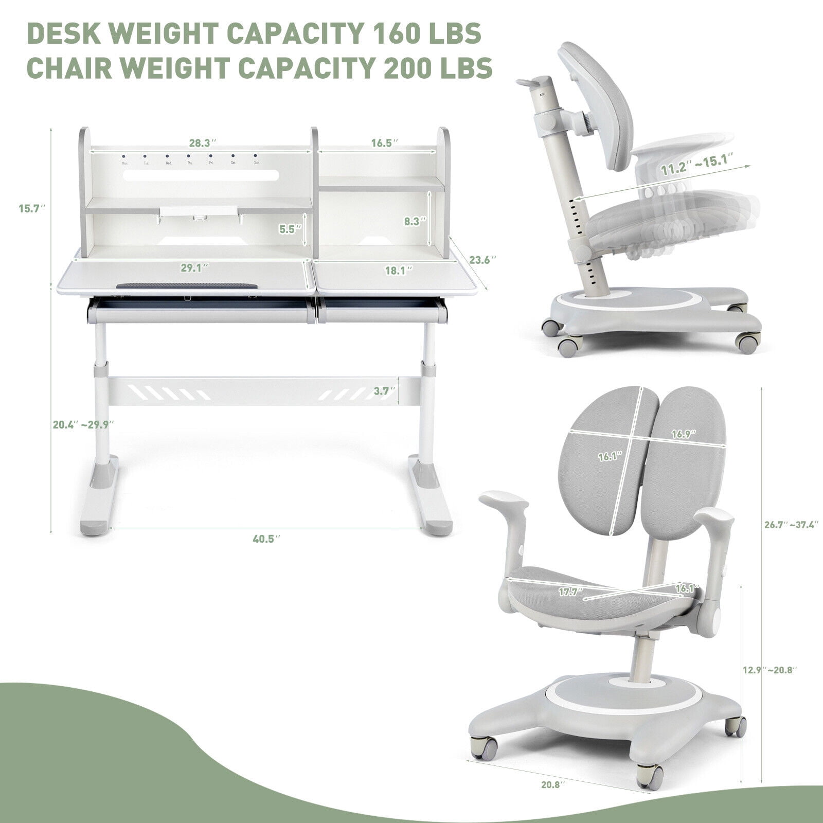 COSVALVE Adjustable Kids Desk and Chair Set with Hutch, Multifunction Ergonomic Study Table Chair with 2 Storage Drawers, Tilt Desktop, Height Adjust (Gray)