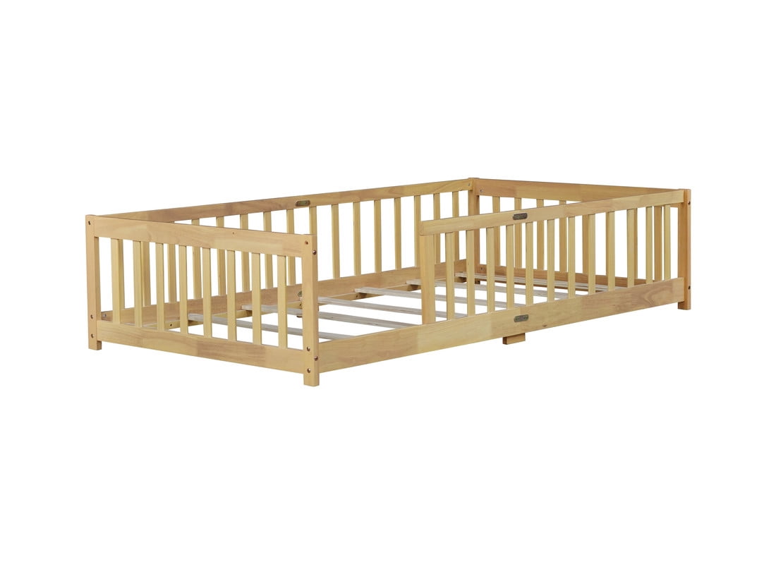 Mirightone Twin Size Floor Bed, Wood Montessori Floor Beds with Fence Railings and Slats Support, Twin Playhouse Bed Frame, No Box Spring Needed, (Natural)