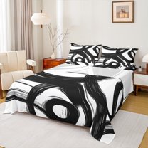 Manfei Waves Geometric Stripe Bed Sheets,Retro Graffirti Lines King Sheets,White Black Sheet Set For Boys Girls,Microfiber Bedroom Decor,4 Pieces