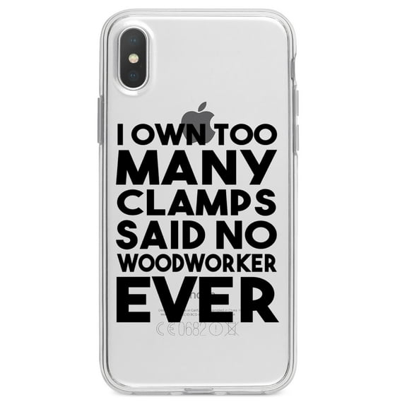 DistinctInk Clear Shockproof Hybrid Case for iPhone X / XS (5.8" Screen) - TPU Bumper Acrylic Back Tempered Glass Screen Protector - Own Too Many Clams - No Woodworker Ever