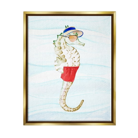Stupell Lifeguard Seahorse Funny Nautical Landscape Painting Gold Floater Framed Art Print Wall Art