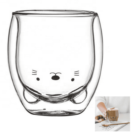 

Cute Double Wall Glass Cup - Cat Bear Duck Dog Pig Narwhal - Cute Coffee Cup - Tea Cups - 375ml (Cat)