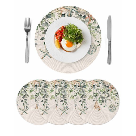 Green Coastal Round 13 Inch Placemats Set of 4, Eucalyptus Leaves Summer Beach Starfish Rustic HeatResistant Non Slip Place Mats for Dining Table, Wipeable Braided Kitchen Table Mats for Housewarming