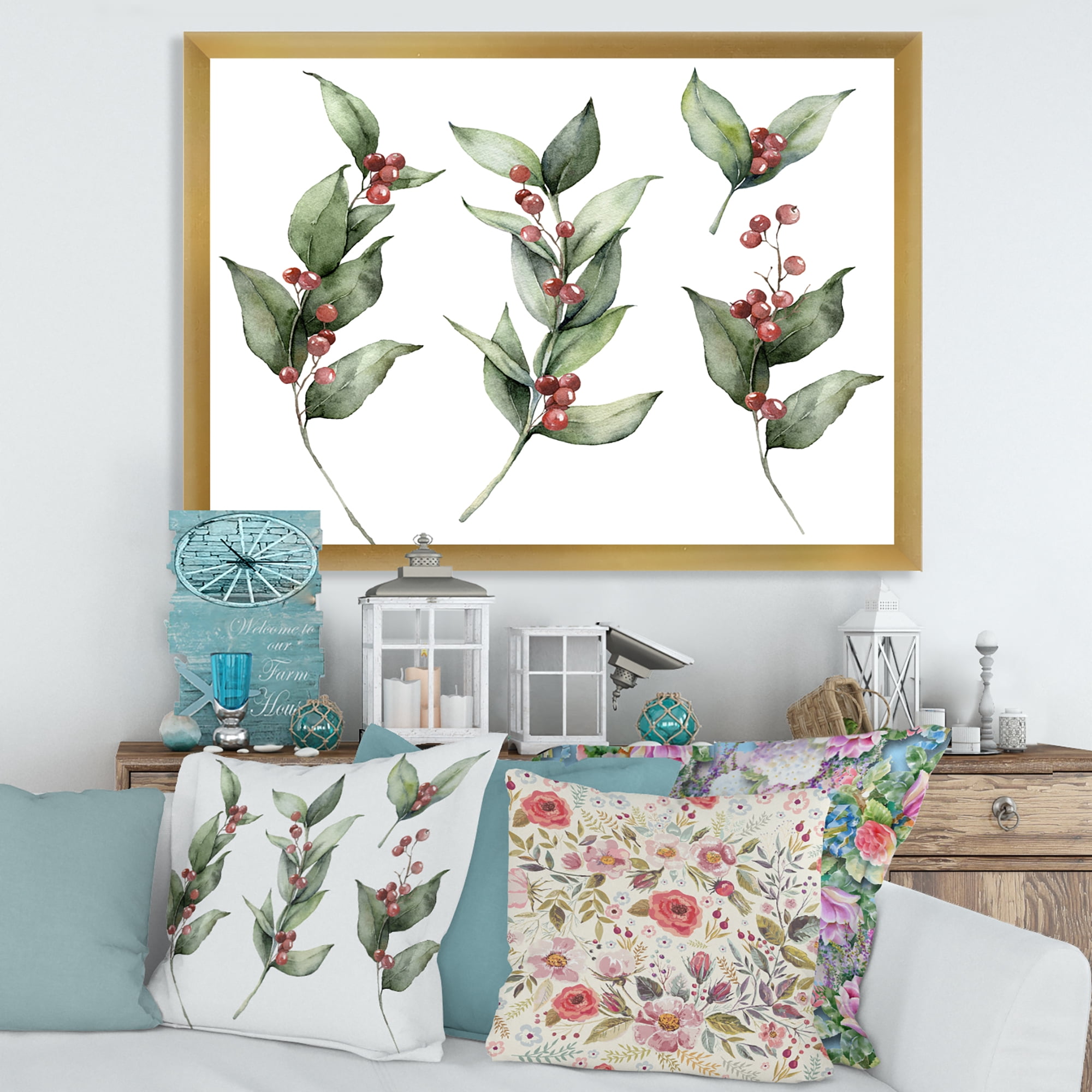 Designart 'Christmas Set Red Berrie With Branches' Traditional Framed Art Print