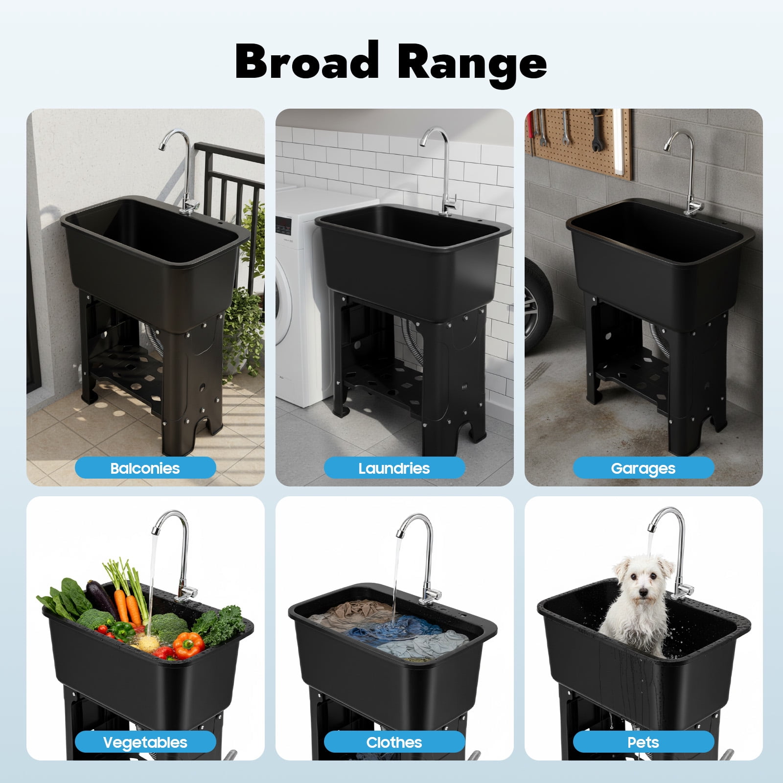 Miumaeov Utility Sink with Faucet for Laundry Room and Garage, Plastic Bathroom Laundry Sink Freestanding Laundry Tub Outdoor Sink Ideal for Workshop, Bathroom, Kitchen