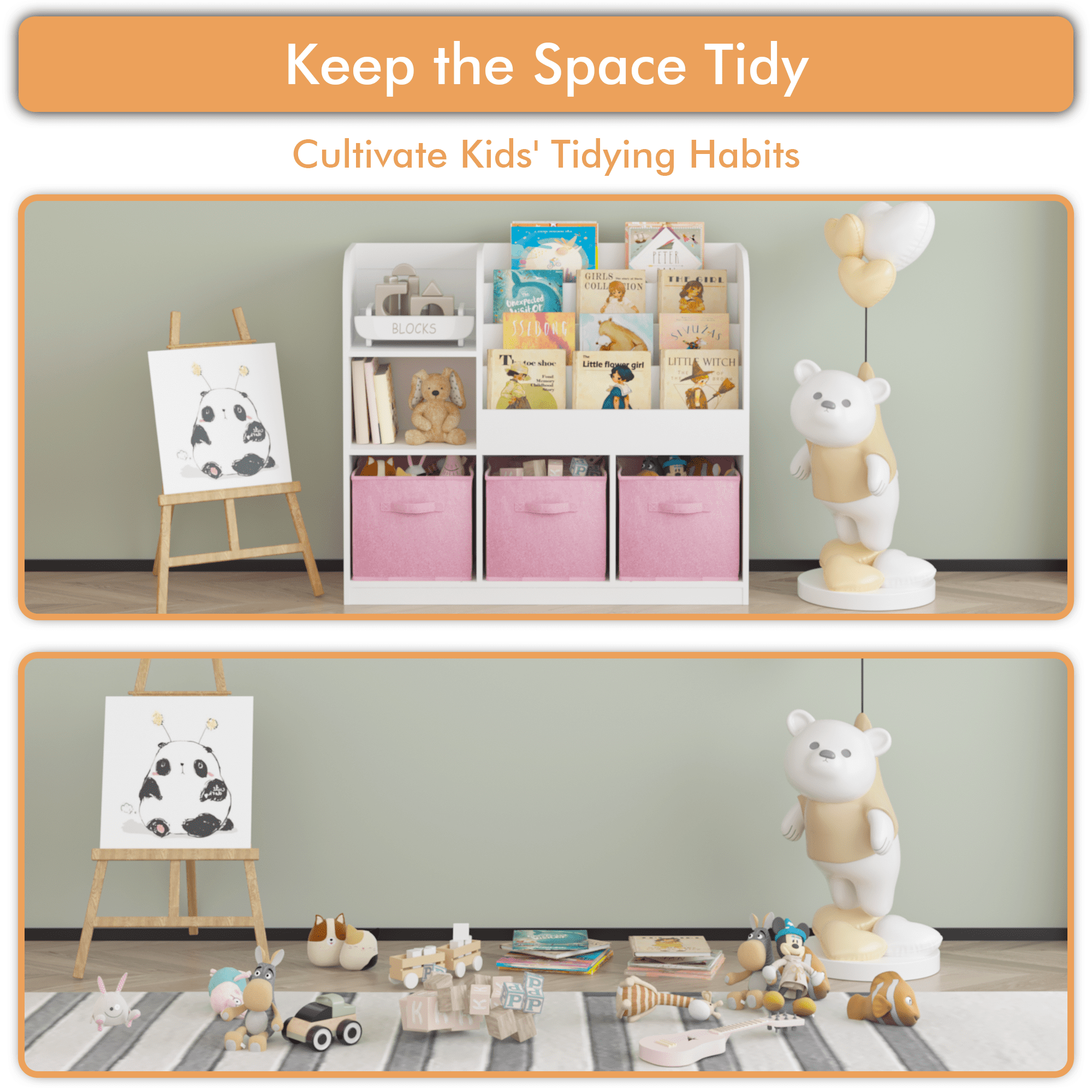 Aukfa Kids Bookcase with 3 Collapsible Drawers,Bookshelf Display Stand Toy Storage Organizer for Bedroom/Playroom,Pink