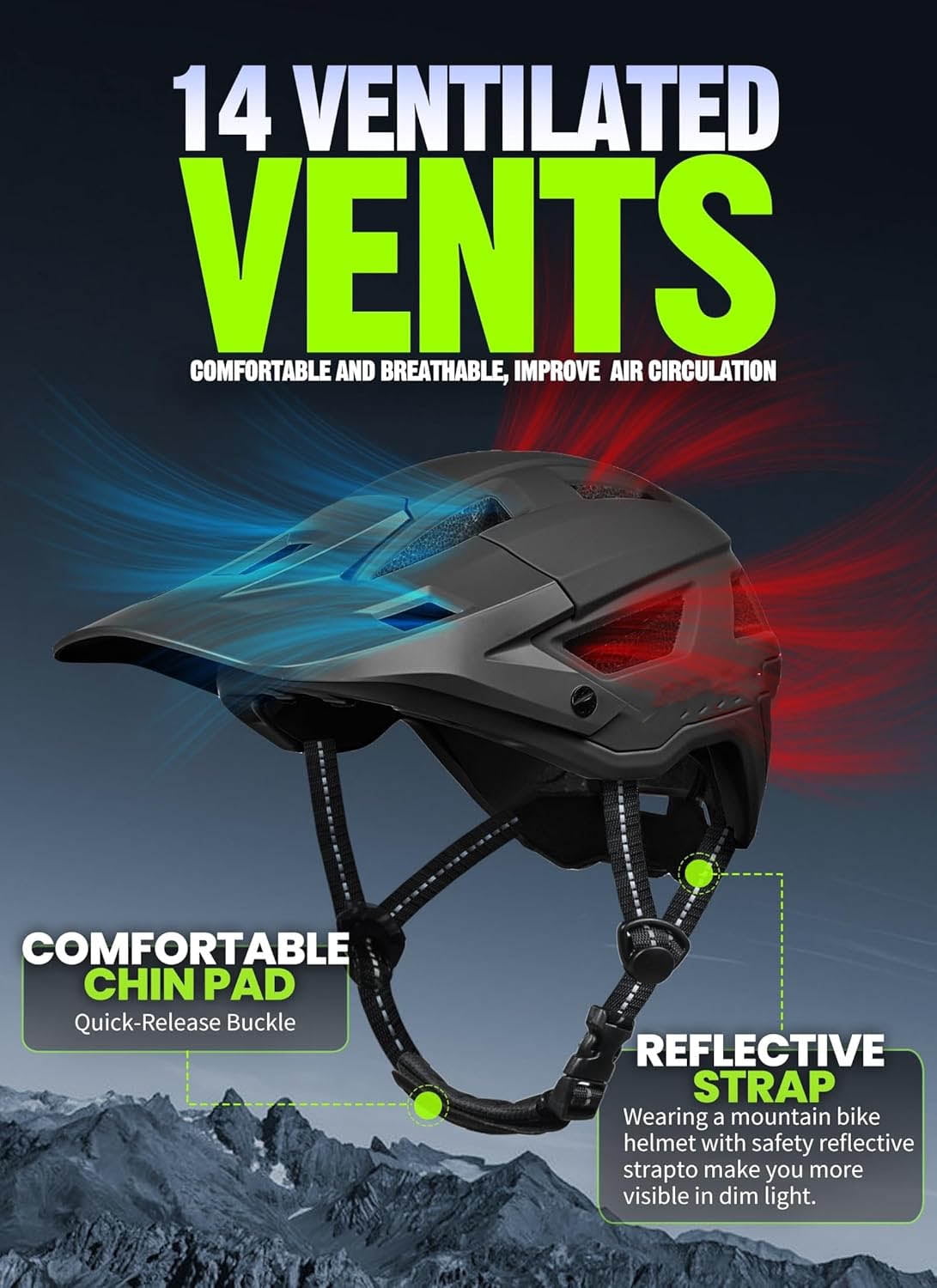 Mountain Bike Helmet Lightweight Impact-Resistant with Adjustable Dial & Removable Visor