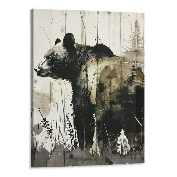 BCIIG  Rustic Wildlife Wall Art Black Bear Wall Decor Cabin Bathroom Woodland Nursery Decor Mountain Animal Canvas Pictures for Living Room Painting Bedroom Lodge Home Decorations 16''x20''