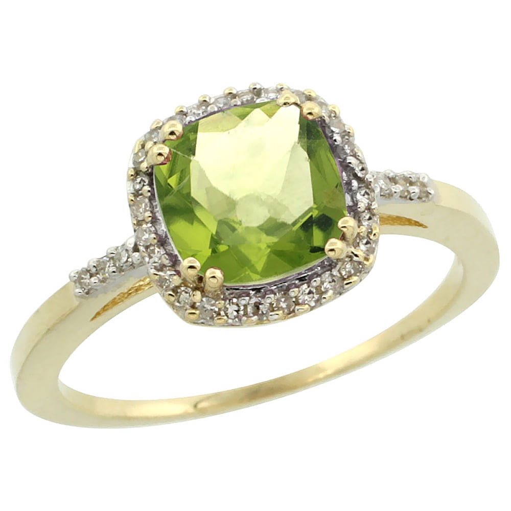 10K Yellow Gold Diamond Natural Peridot Ring Cushion-cut 7x7mm, sizes 5-10 by WorldJewels