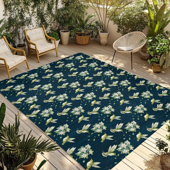 Blue Summer Botanical Outdoor Rug 6x9 Ft - Reversible Patio Rug Outdoor Camping Rugs, Green Spring Floral Birds Farmhouse Indoor Outdoor Area Rugs, Non-Slip Outdoor Carpet Runner for Deck/Porch
