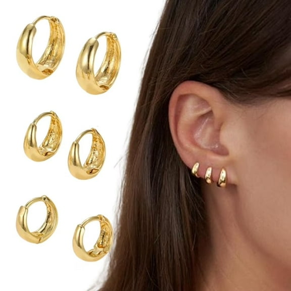 3-Pair 14K Gold Plated Hoop Earrings Set, Hypoallergenic Lightweight Chunky Huggie Hoops for Women, Everyday & Gift Occasions