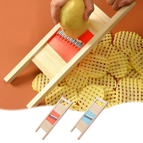Dianli Wooden Handle Potato Chips Mesh Grid Slicer Stainless Steel Wave Knife for Potato Chips Vegetable Cutting Household Potato Eraser Durable Kitchen Tool Easy Clean
