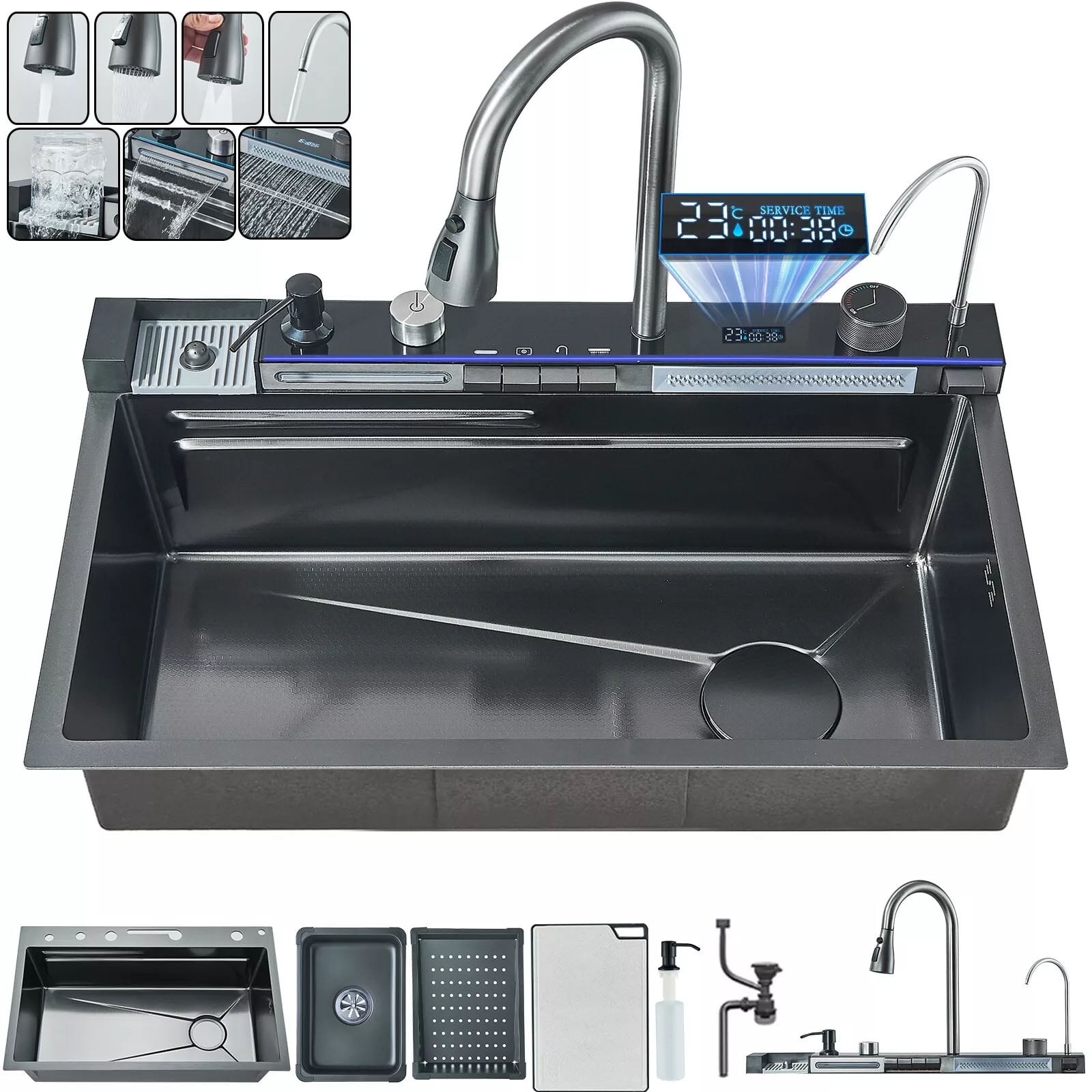 Gun Ash Stainless Steel 30" Drop In Kitchen Sink Top Mount Single Bowl w/Kitchen Facuet
