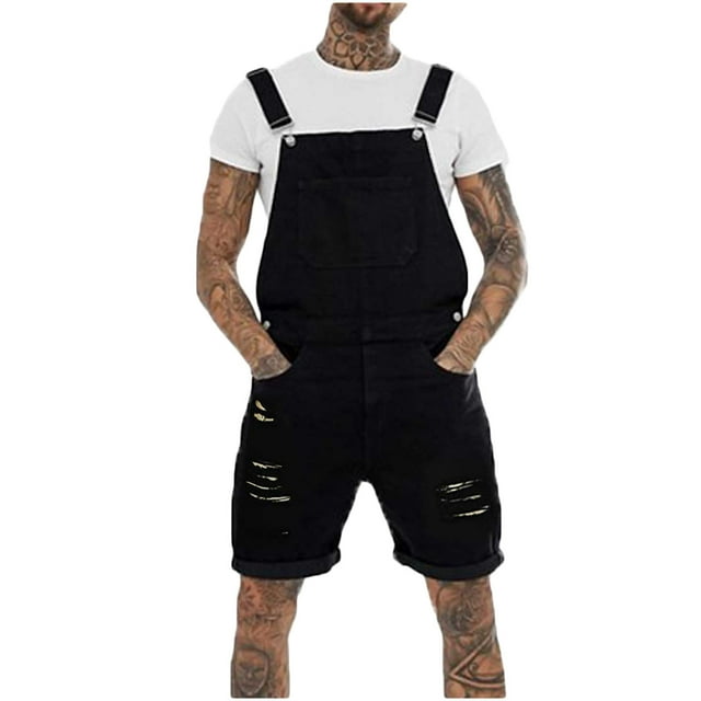 fartey Combinaisons Décontractées en Denim pour Hommes, Col Carré Extensible, Sans Manches, avec Bretelles Réglables, Multi-Poches, Courtes