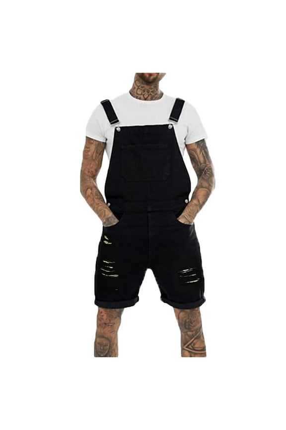 Men Casual Denim Onesies Stretchy Square Neck Sleeveless Broken Hole Jumpsuits with Adjustable Strap Multi Pockets Short Rompers