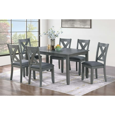 Gray Finish 7pc Dining Set Dining Table 6 Side Chairs X Cross Back Chairs Cushion Seats Nail Head Trims Dining Room Furniture