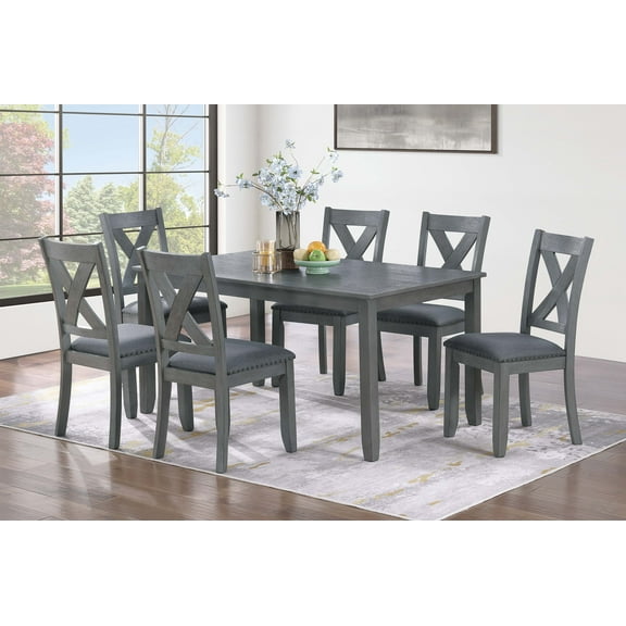 Gray Finish 7pc Dining Set Dining Table 6 Side Chairs X Cross Back Chairs Cushion Seats Nail Head Trims Dining Room Furniture