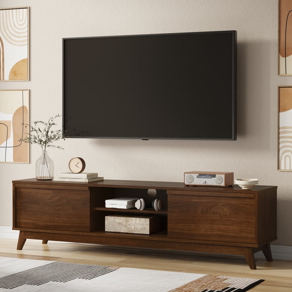 Simpli Home Lennon 72 inch Wide Solid Wood Low TV Stand in Walnut For TVs up to 80 inches