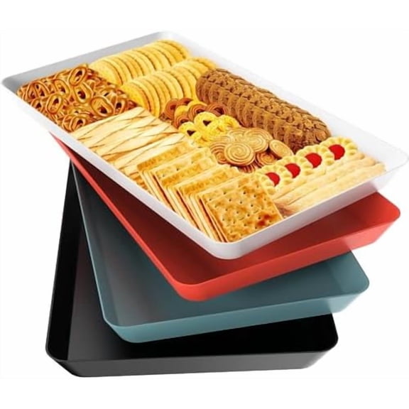 4 pcs Serving Tray for Entertaining, Serving Platters for Snacks, Fruit, Cookies, Dessert, Reusable Plastic Trays for Serving Food, (White, Black, Green, Red)