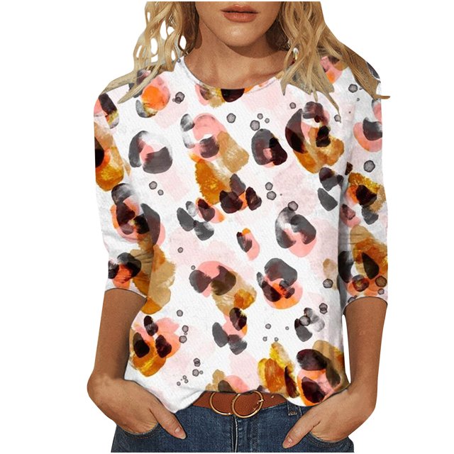 Pompotops T-shirt Ample Imprimé Mode Femme Manches 3/4 Blouse Col Rond Hauts Décontractés Liquidation