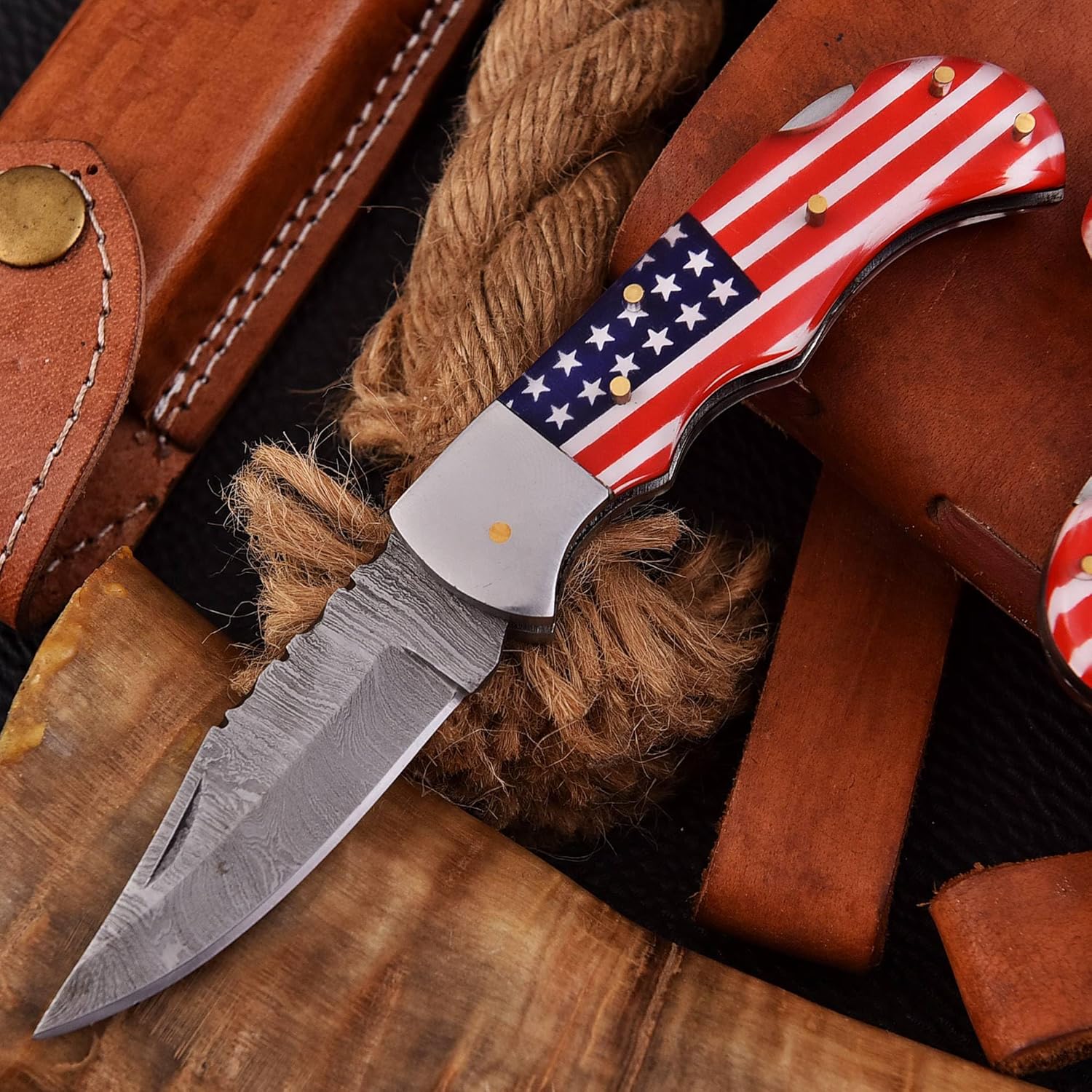 Custom Handmade Damascus Steel Folding Knife/Pocket Knife SS-17515 5 Pcs. Lot (Red and Blue Colored Resin)