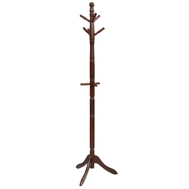 Patiojoy Free Standing Coat Rack Solid Wood Cat Tree w/9 Hooks & 2 Adjustable Height Brown