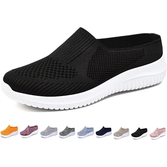 2026 Women's Breathable Knit Slip-On Walking Shoes Orthopedic Slide on Backless Tennis Sneakers Loafers Casual Slip on Mules Flats Memory Foam Slip in Clogs Summer Arch Support Ladies Dressy