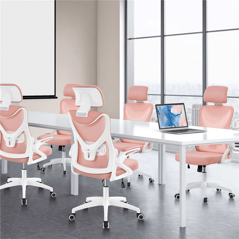Alden Design Mesh Office Chair with Adjustable Padded Headrest Adult, White/Pink