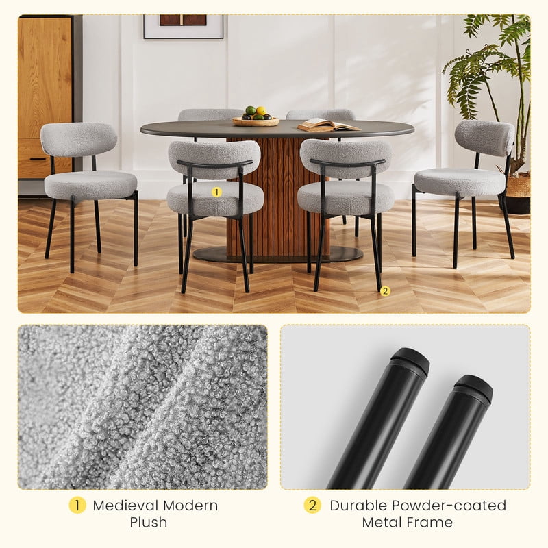 Gianna Dining Chairs Set of 2, Mid Century Modern Chair Round Upholstered Curved Backrest, Kitchen Vanity Living Room Chairs with Black Metal Legs，Gray