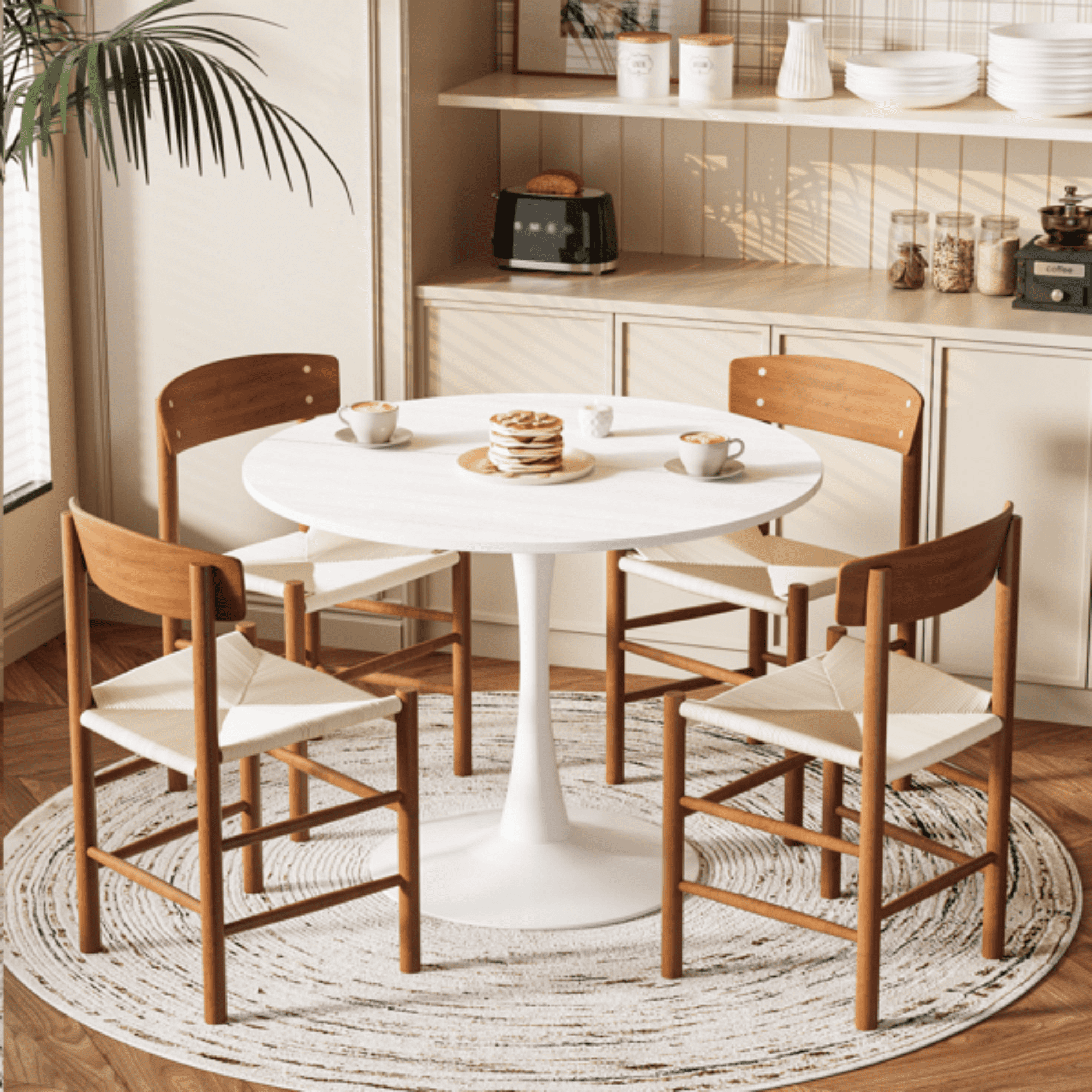 Round Tulip Dining Table, 39.4 Inch Dining Table for 4 People, Melamine Laminated MDF Tabletop with Metal Pedestal Base, Easy Assembly Kitchen Dinner Table for Dining Room, Home, Apartment, White