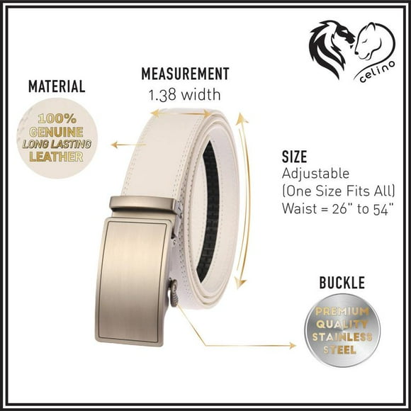 Celino Silver & White Adjustable Ratchet Slide Buckle 100% Genuine Leather Belt for Men, One Size Fits All, Made in Europe