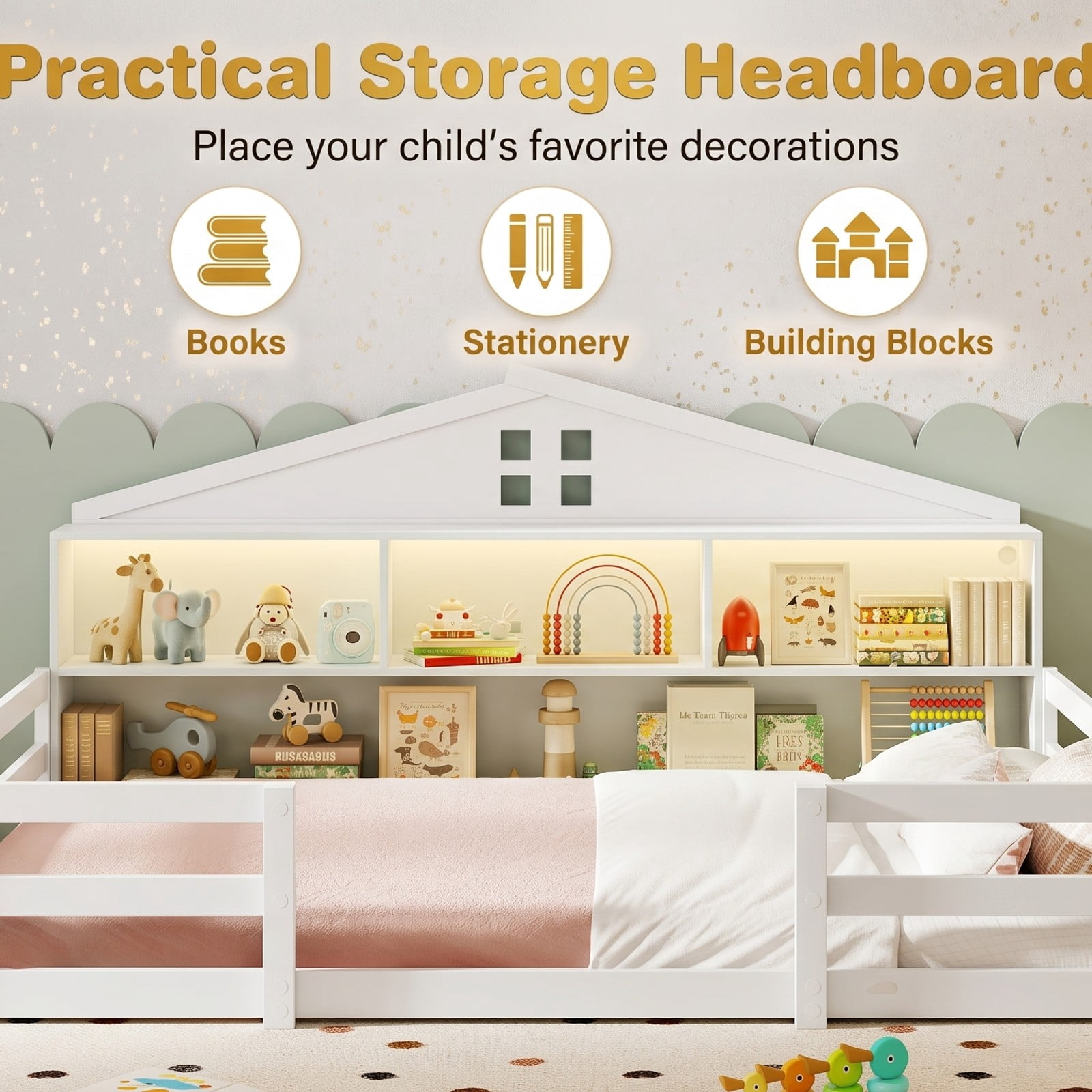 Furnibear Full Size Bed Frame Montessori Floor Bed with House Headboard and LED Lights, Kids Room Floor Bed Frame with Storage, White