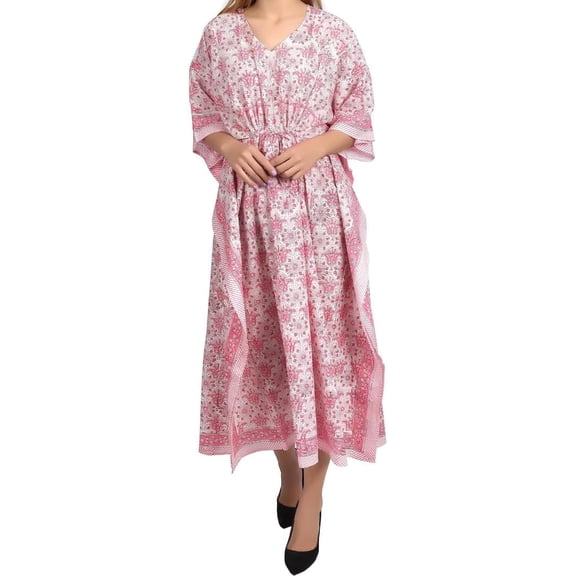 Fabric Venue Women for Caftan Block Printed Cotton Long Kaftan Maxi casual Drawsting Dress