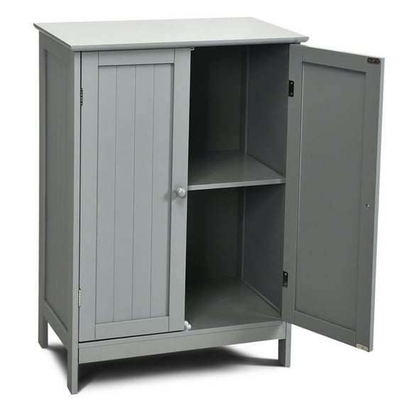 Gymax Bathroom Wooden Floor Storage Cabinet Living Room Modern Grey