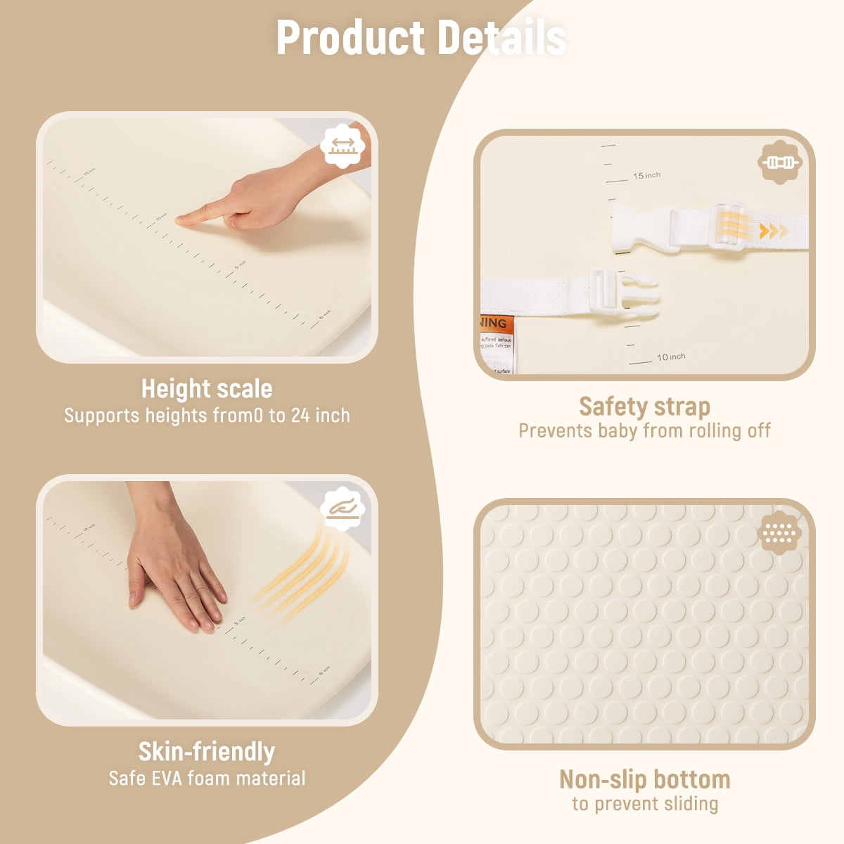 Baby Changing Pad, Caveen Eva Diaper Changing Station, with Height Ruler & Anti Slip Bottom, Waterproof, Beige