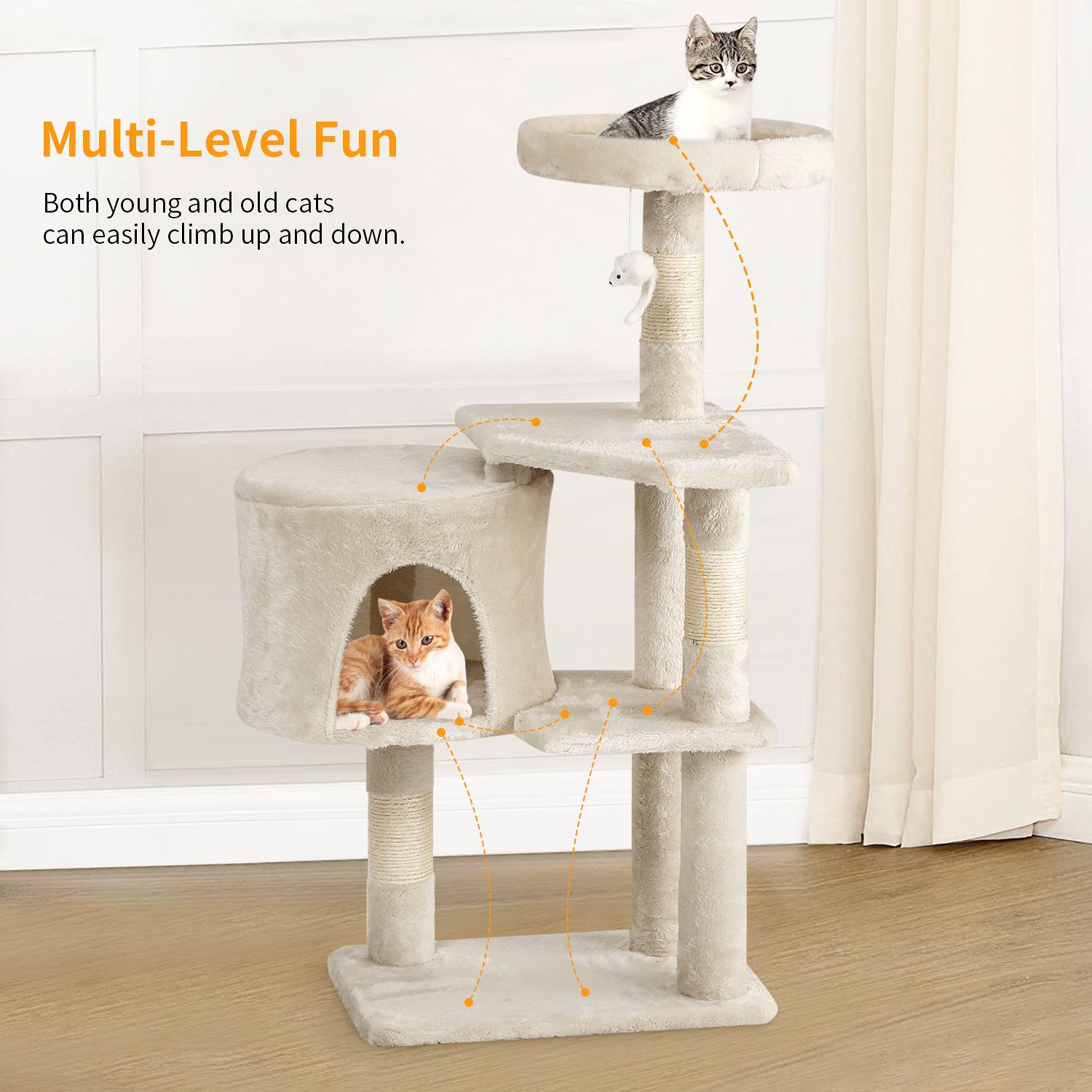 Dkelincs Cat Tree Tower 36 inch Tall Multi-Level Furniture Cat Tree Condo with Scratching Posts Perches for Indoor Play, Nap and Climbing, Beige