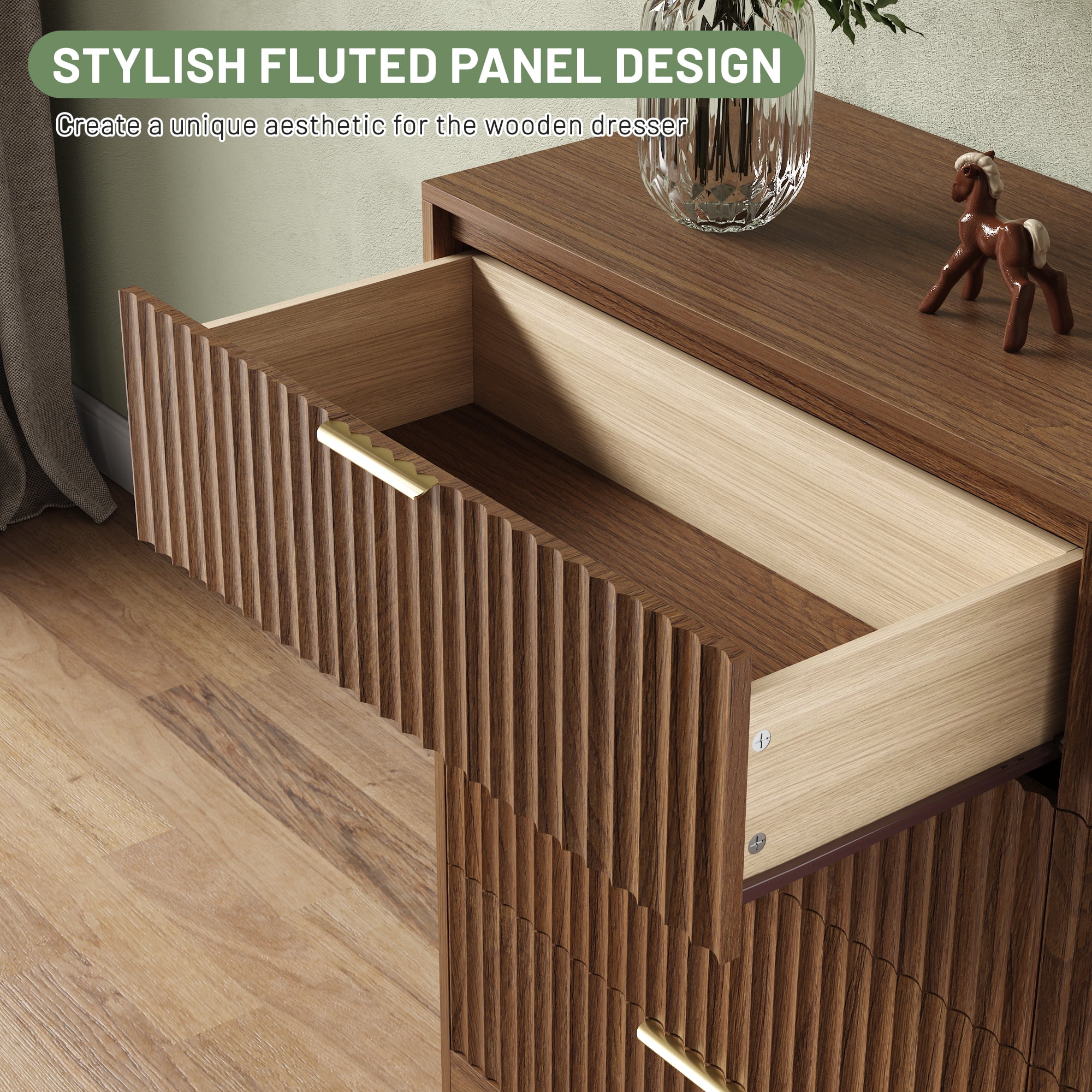 ASTUVIA 55.1" W Fluted 8 Drawer Dresser for Adult,Wooden Bedroom Dresser,Dresser TV Stand up to 65" for Living Room,Oak