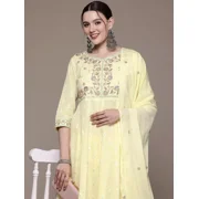Anarkali Style Cotton Kurta Pant Dupatta Set Indian Women Kurti Salwar Suit V-Neck Size 46