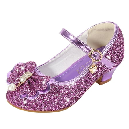 

nsendm Girls Sandal Size 10 Toddler Little Kid Girls Dress Pumps Glitter Sequins Princess Bowknot Low Heels Party Sandal Purple 5.5 Years