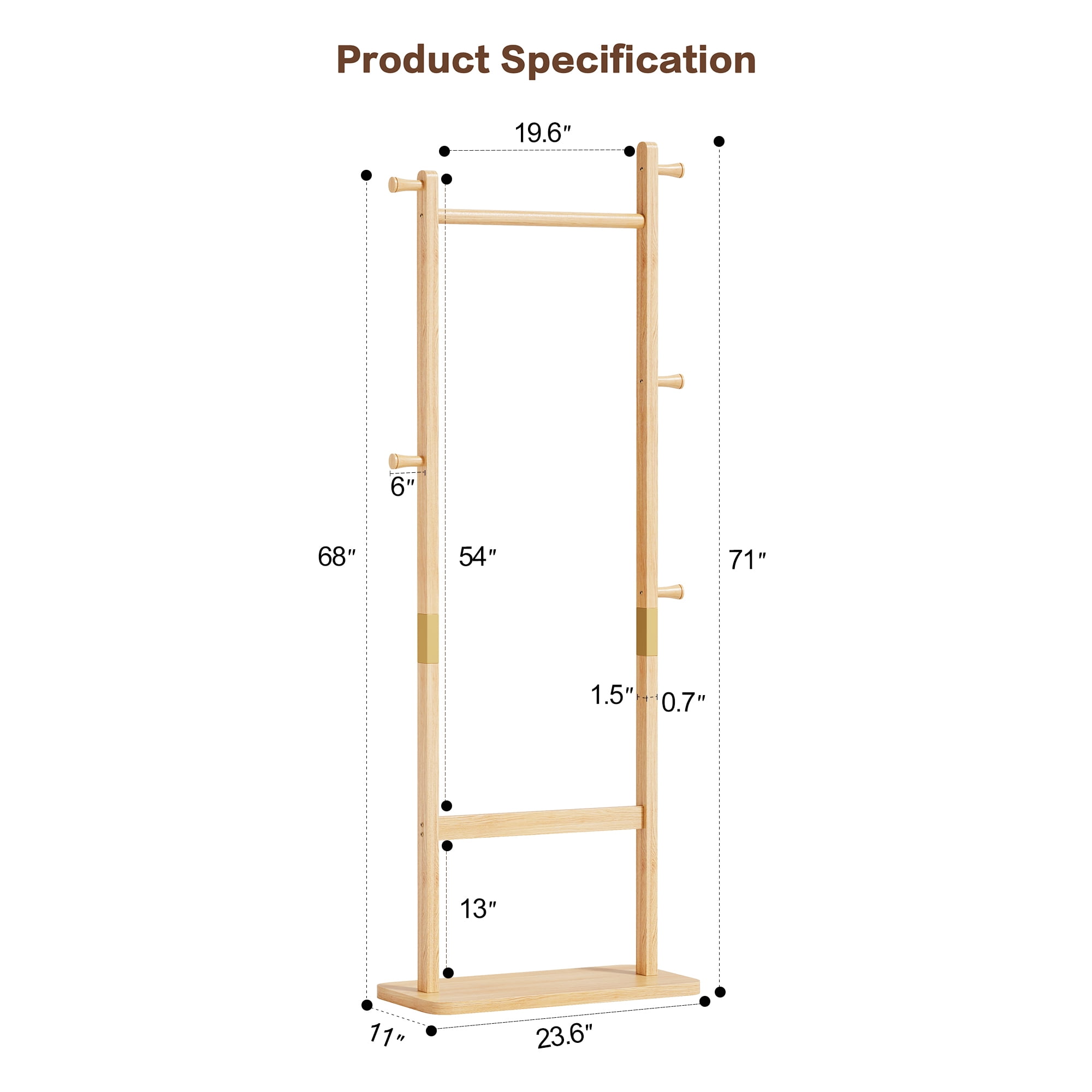 Leumius Coat Racks, 23.6* 11*71 in Solid Wood Hanger, Solid Environmental Protection Easy to Assemble for Bedroom Entrance Living Room (Natural)